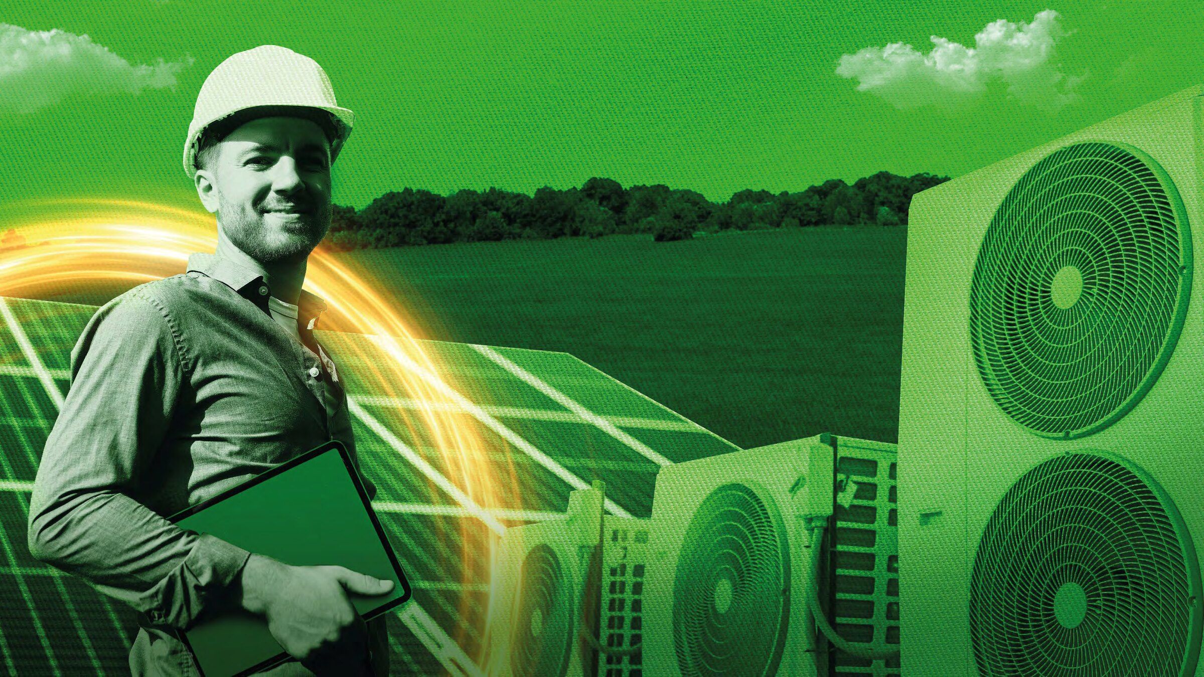 Ingeniero de GreenAir con tableta junto a paneles solares y unidades de climatización