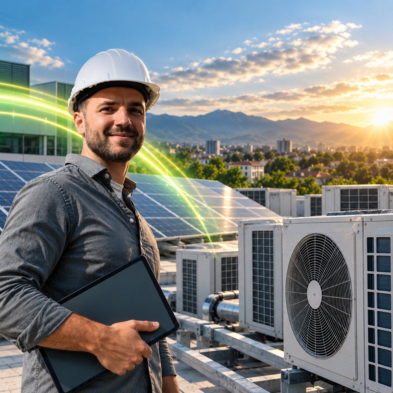 Ingeniero de GreenAir junto a paneles solares y condensadoras